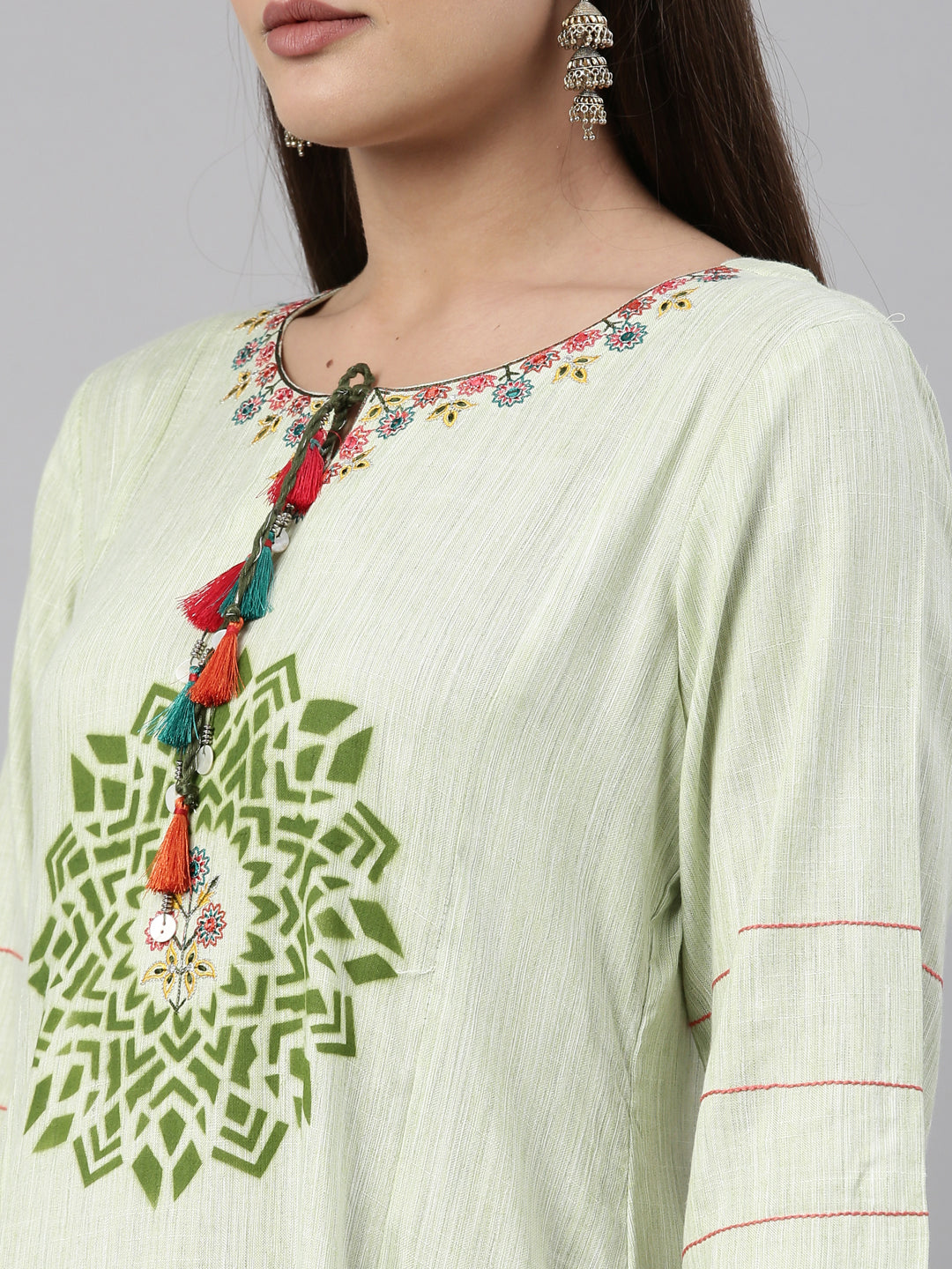 Neerus Green muslin printed A-line kurti - detail view 5