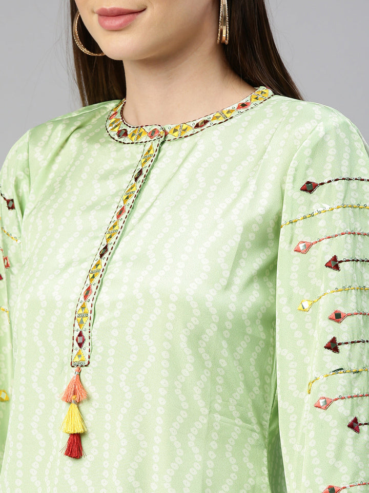 Neerus Green crepe mirror work kurti - detail view 5