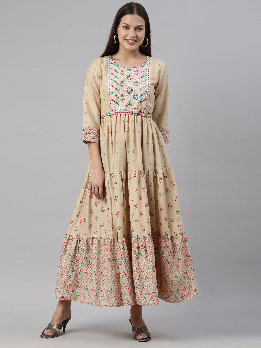 Neerus Beige muslin printed anarkali kurti - front view