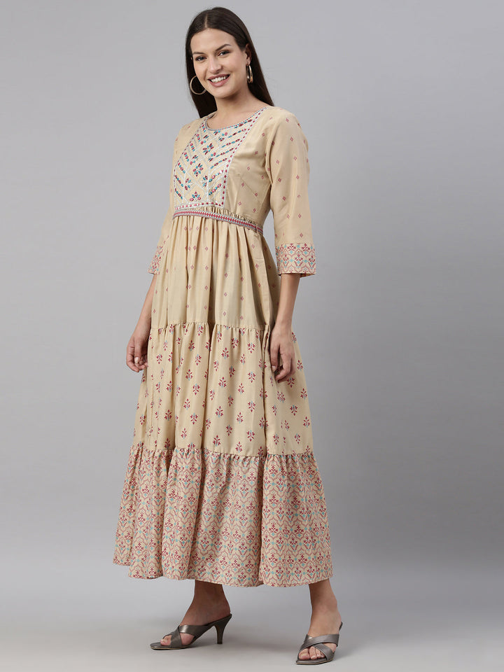 Neerus Beige muslin printed anarkali kurti - side view