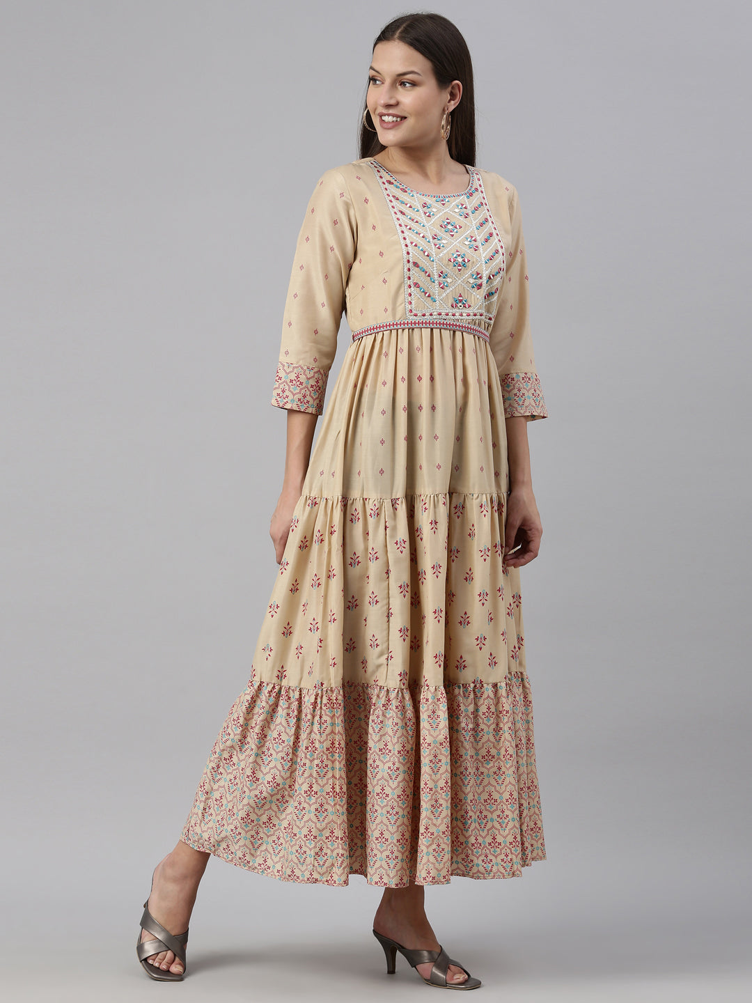 Neerus Beige muslin printed anarkali kurti - detail view 1