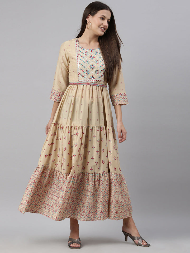 Neerus Beige muslin printed anarkali kurti - detail view 3
