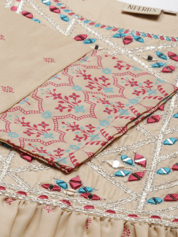Neerus Beige muslin printed anarkali kurti - detail view 4