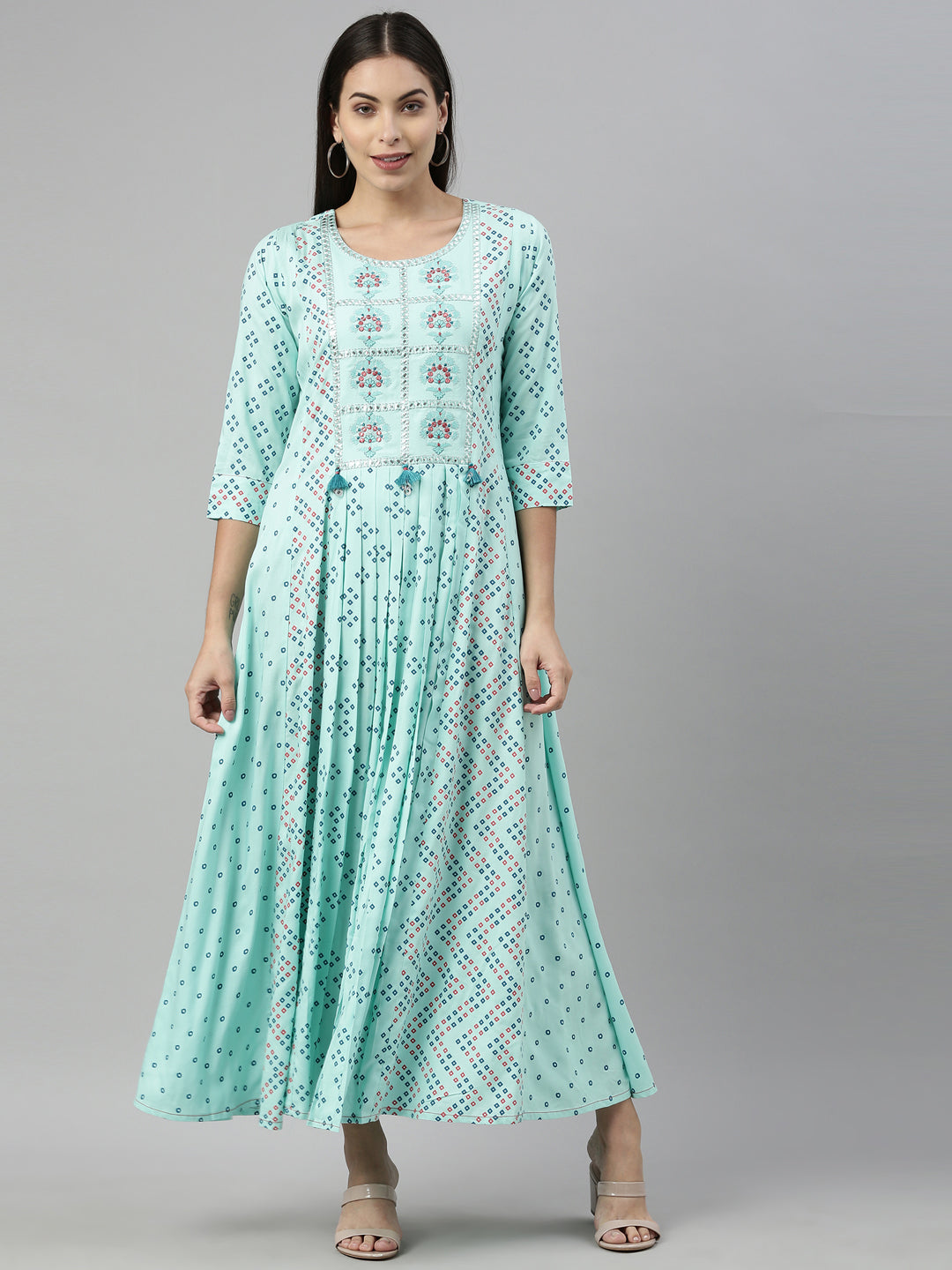 Neerus Green viscose rayon printed anarkali kurti - front view