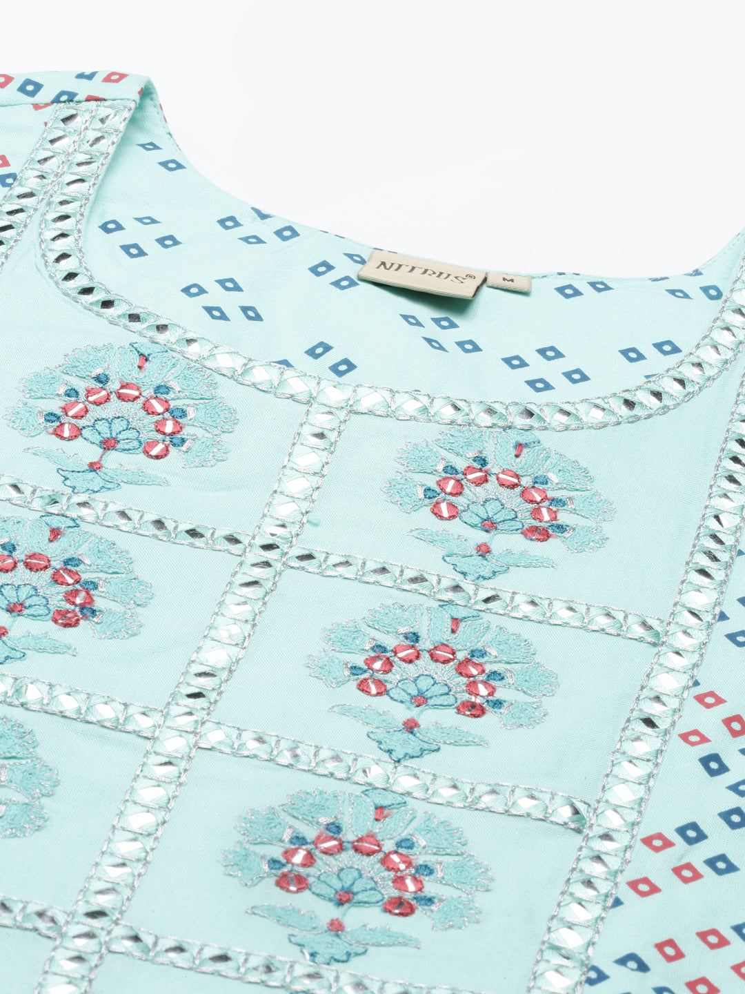 Neerus Green viscose rayon printed anarkali kurti - detail view 5