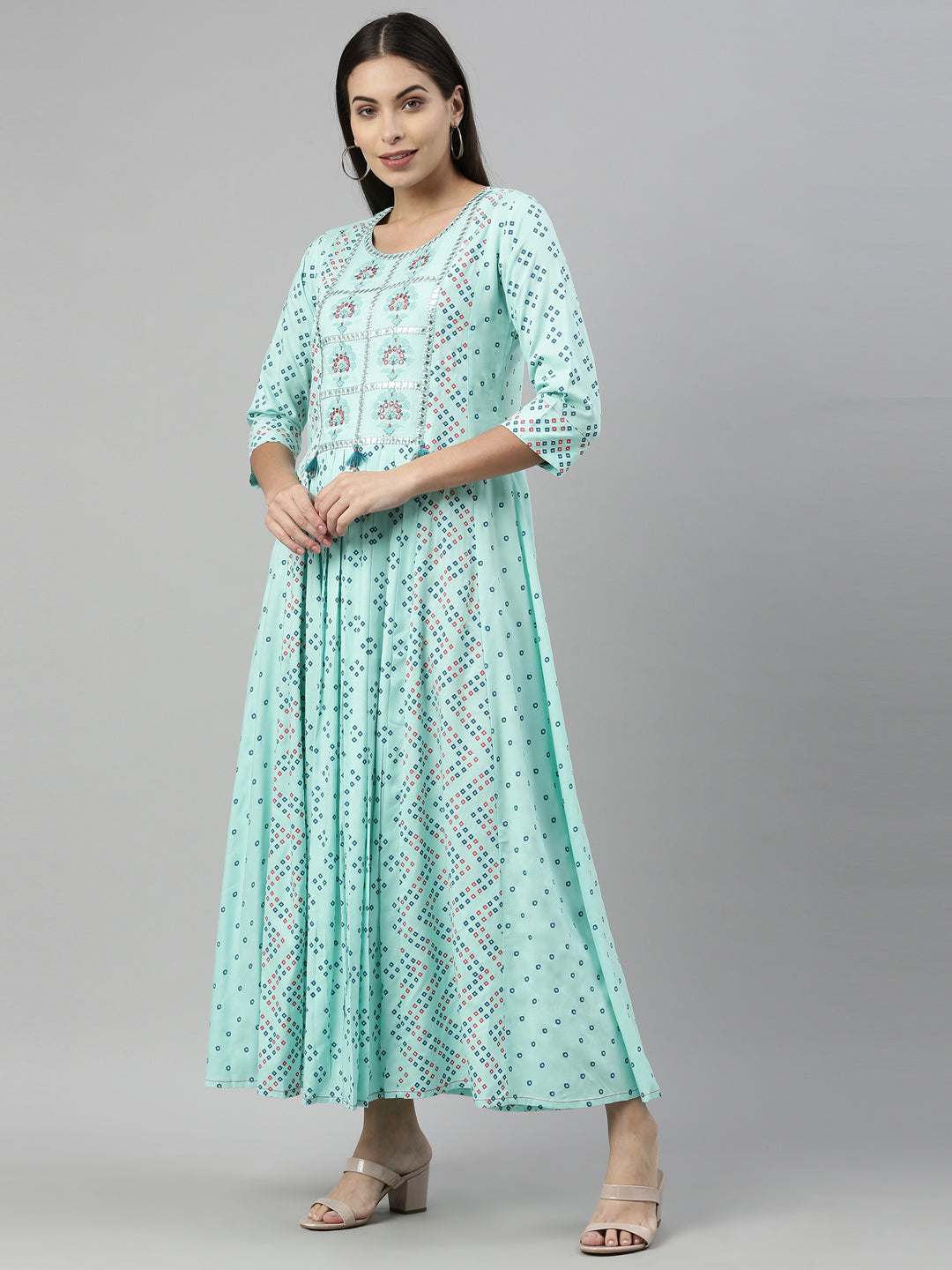 Neerus Green viscose rayon printed anarkali kurti - back view