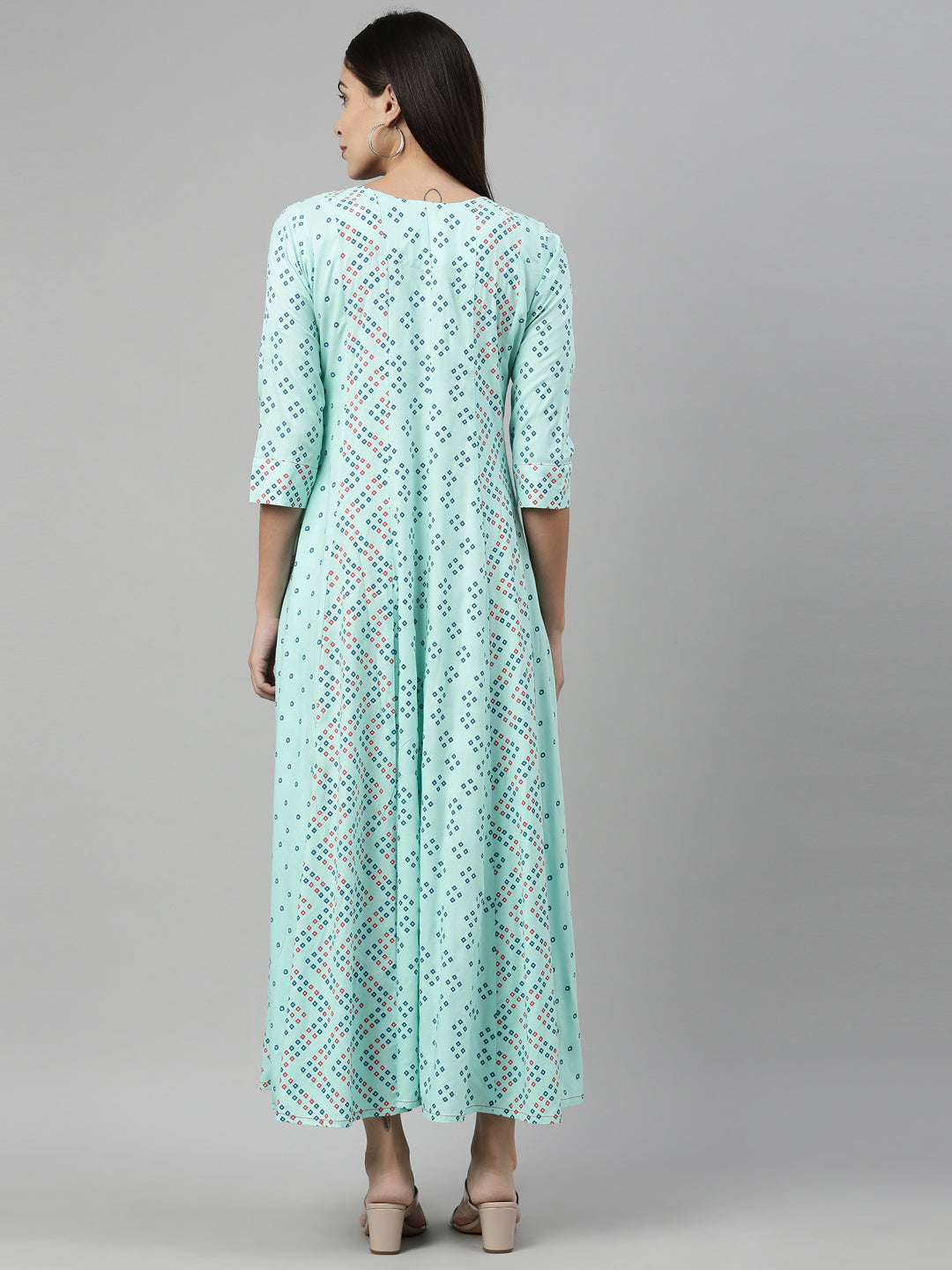 Neerus Green viscose rayon printed anarkali kurti - detail view 1