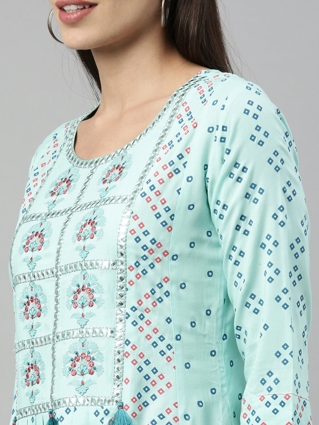 Neerus Green viscose rayon printed anarkali kurti - detail view 4