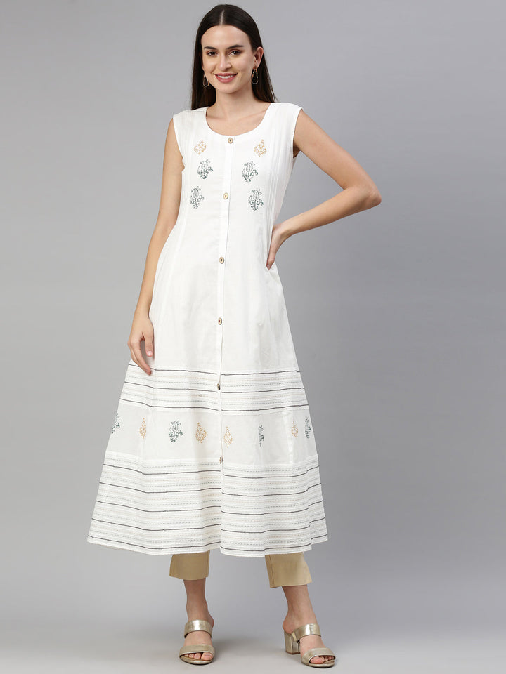 Neerus White muslin printed A-line kurti - front view