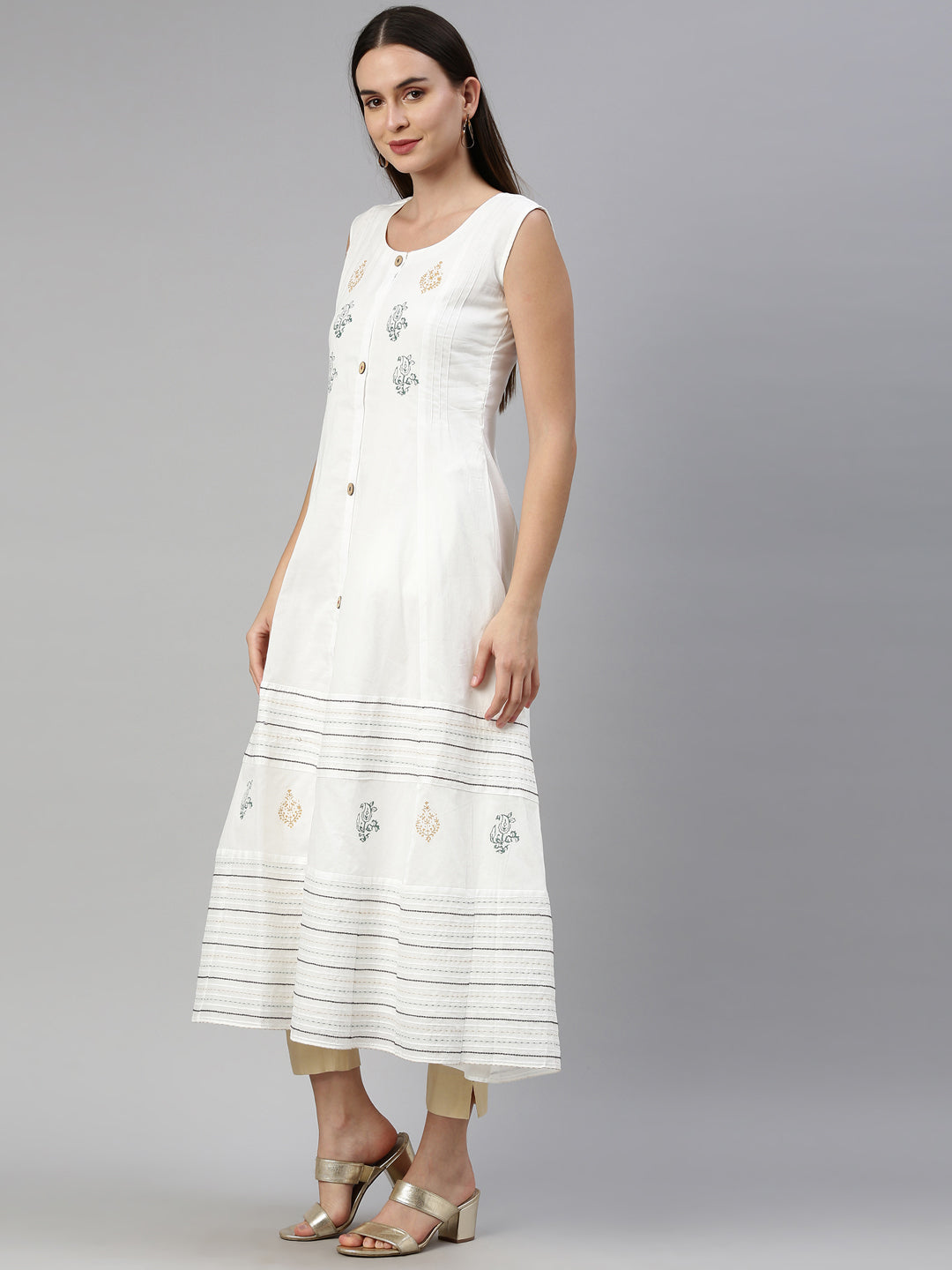Neerus White muslin printed A-line kurti - side view