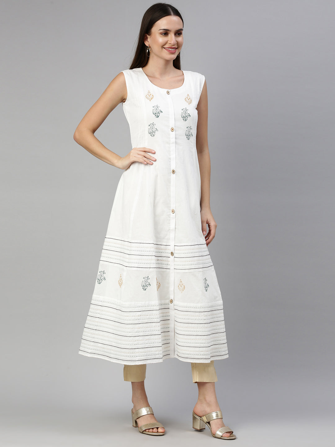 Neerus White muslin printed A-line kurti - detail view 1