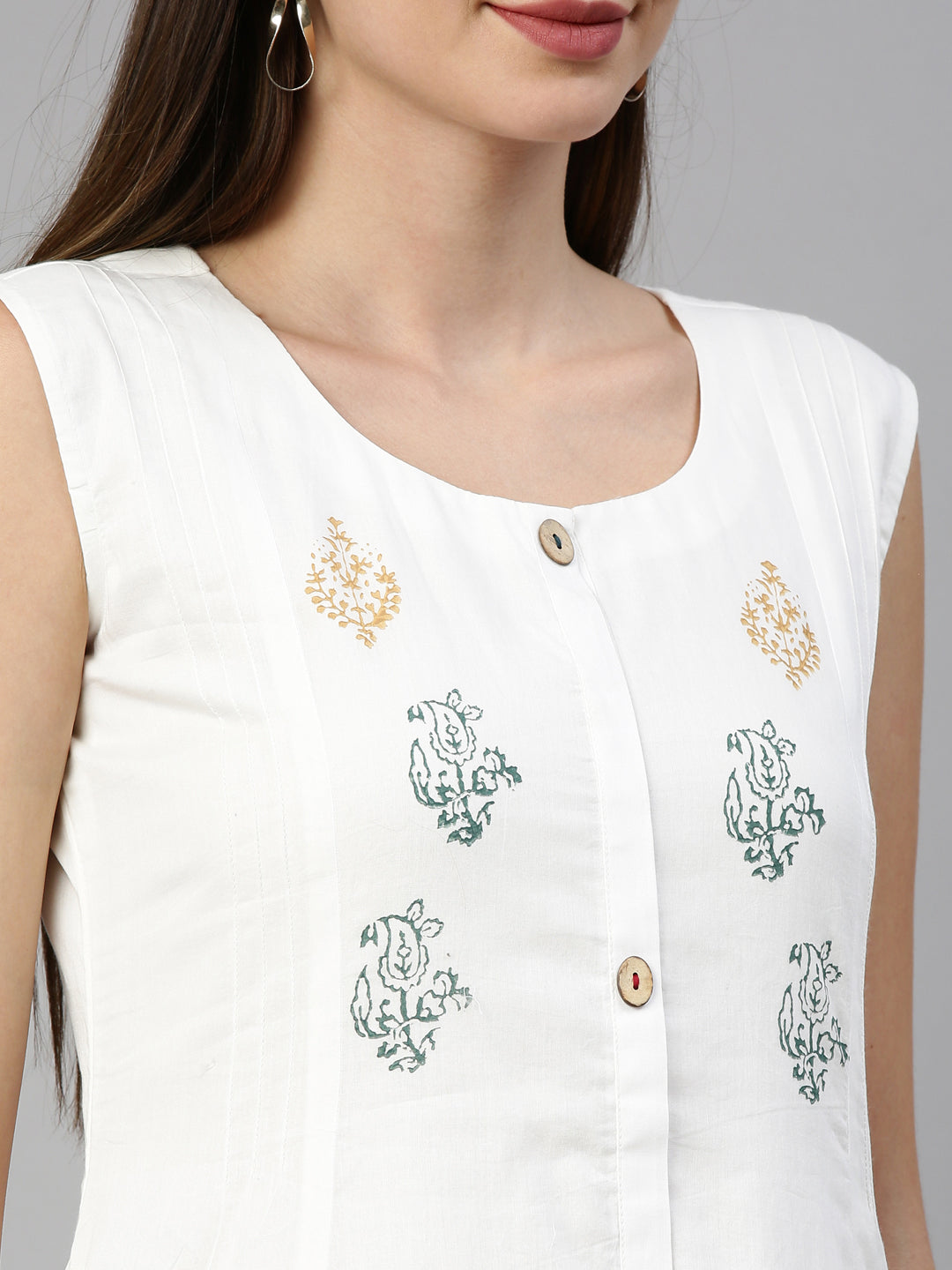 Neerus White muslin printed A-line kurti - detail view 4
