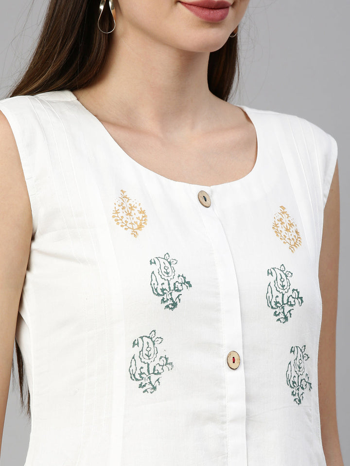 Neerus White muslin printed A-line kurti - detail view 4