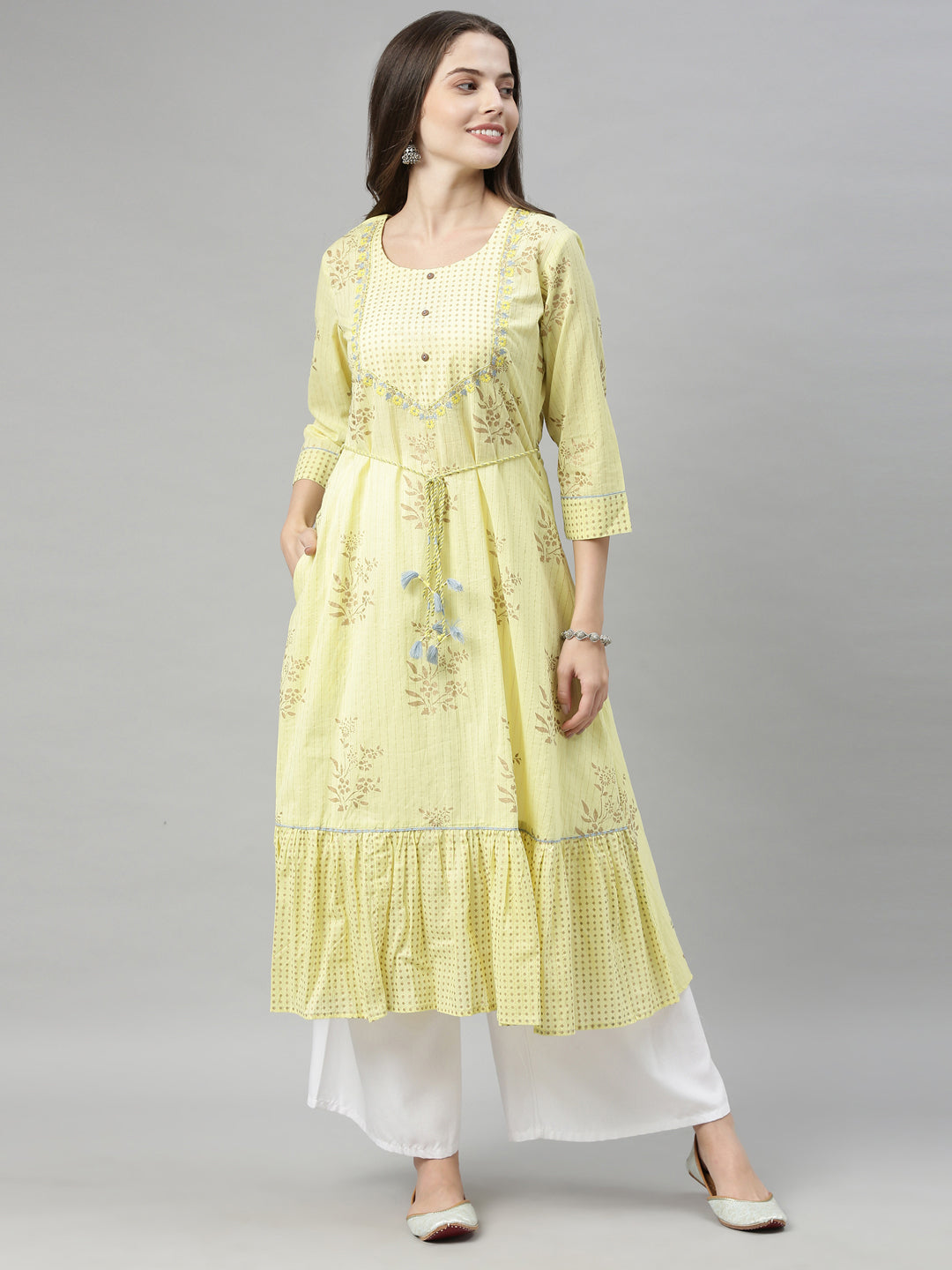 Neerus Yellow cotton chikankari A-line kurti - detail view 3