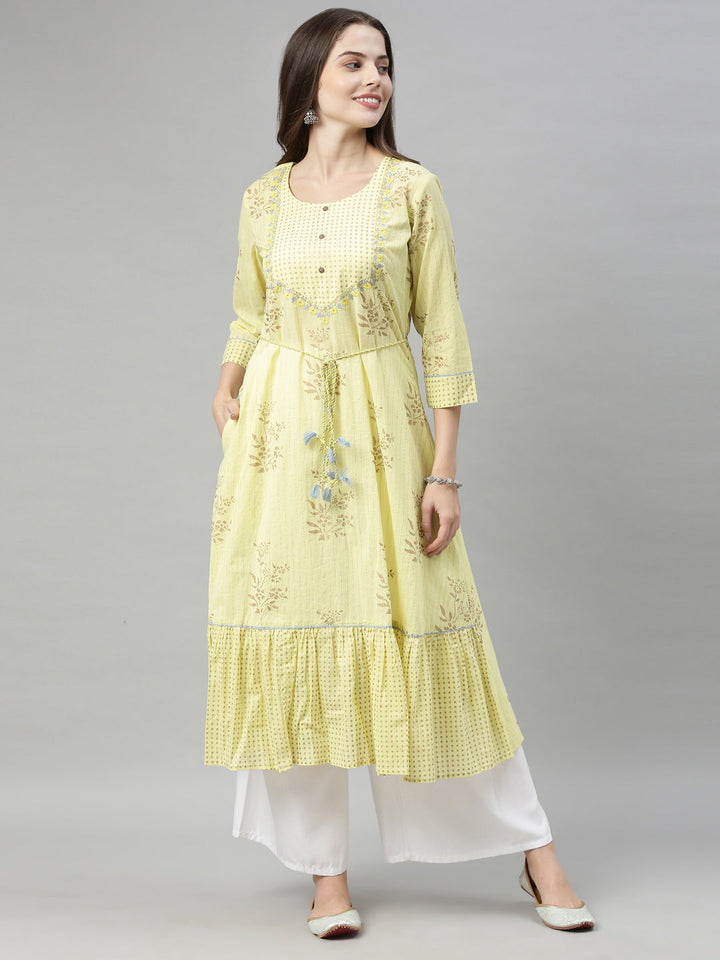Neerus Yellow cotton chikankari A-line kurti - detail view 3