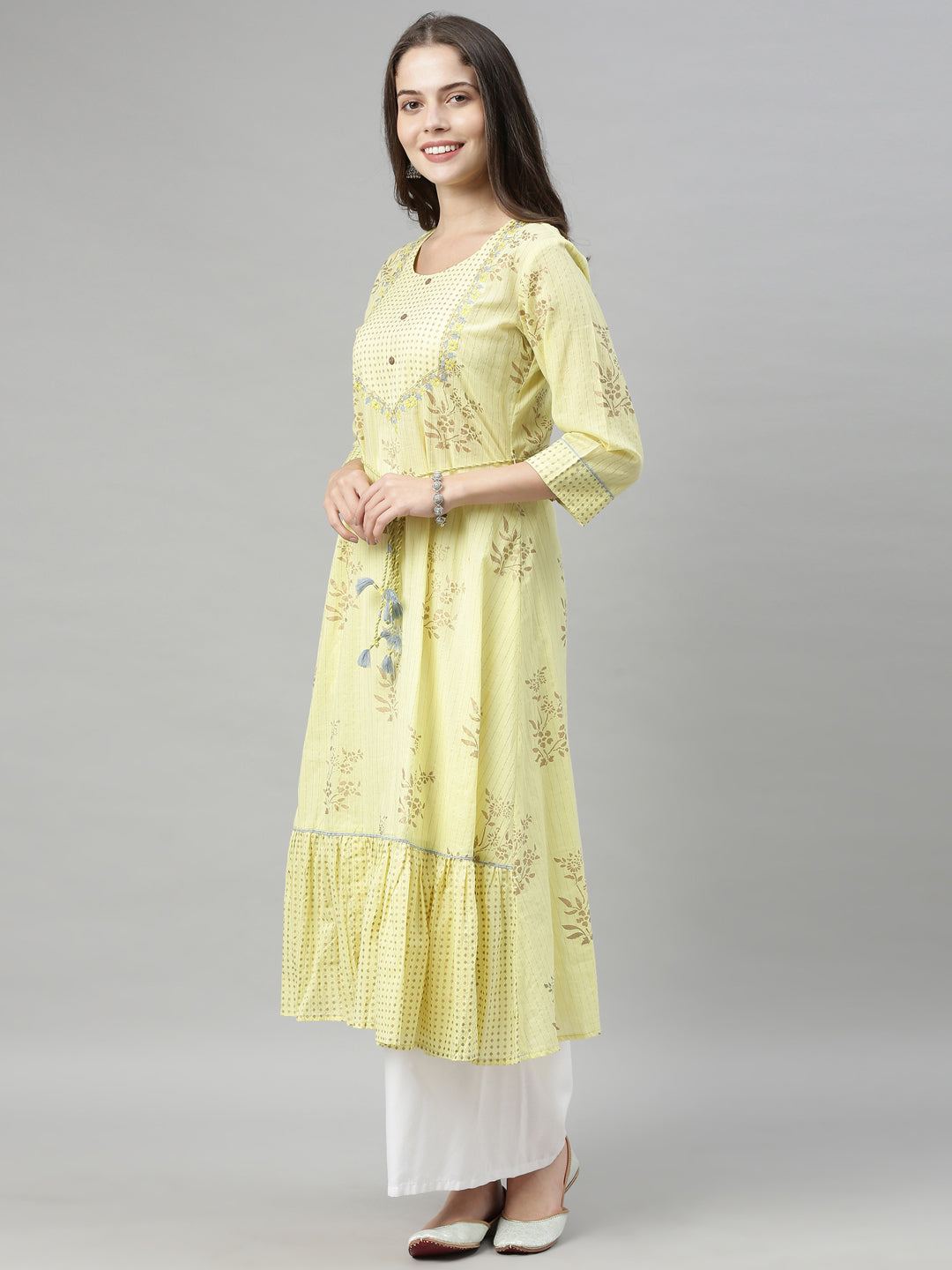 Neerus Yellow cotton chikankari A-line kurti - back view