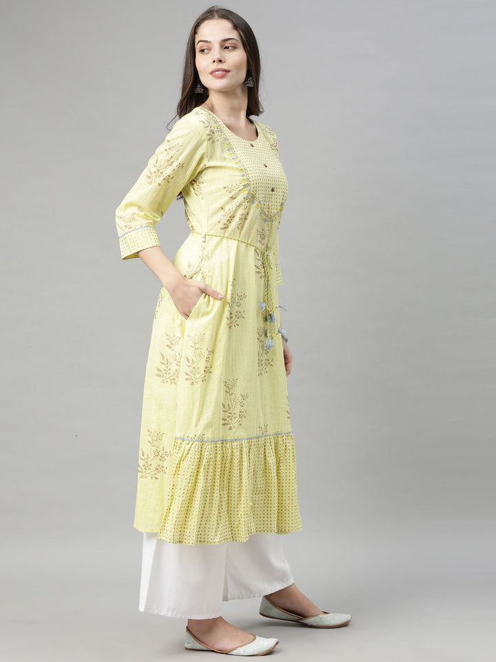 Neerus Yellow cotton chikankari A-line kurti - side view