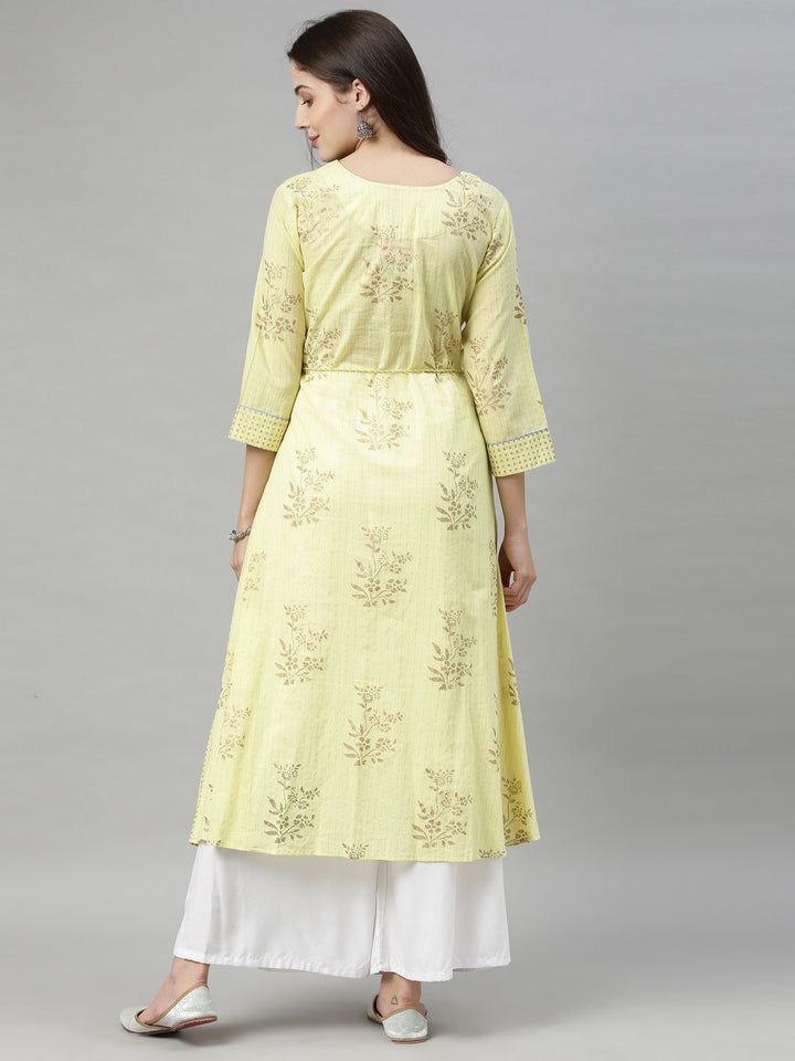 Neerus Yellow cotton chikankari A-line kurti - detail view 1