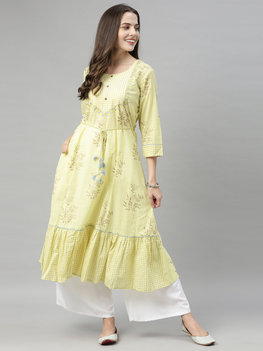 Neerus Yellow cotton chikankari A-line kurti - detail view 2
