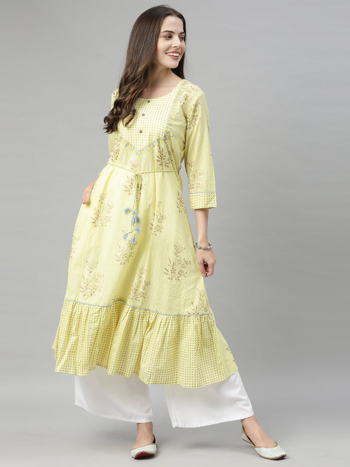 Neerus Yellow cotton chikankari A-line kurti - detail view 2