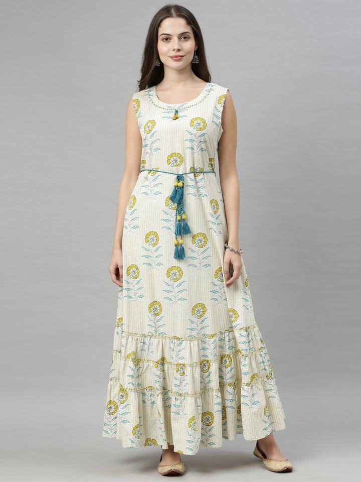 Neerus White printed flared kurti - front view