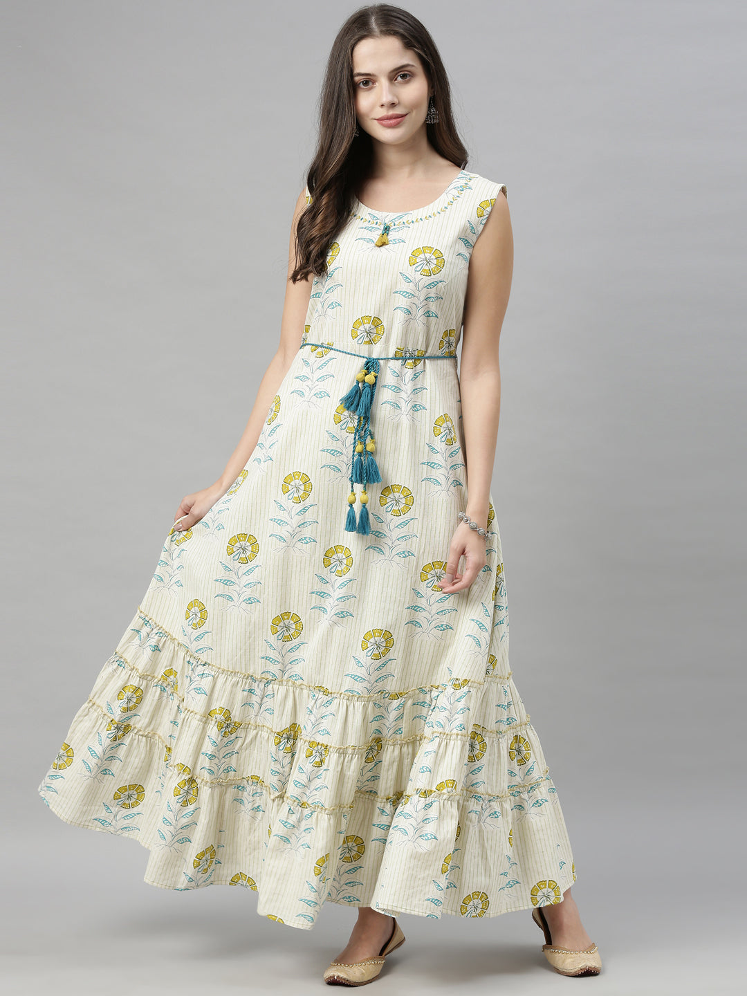 Neerus White printed flared kurti - detail view 4