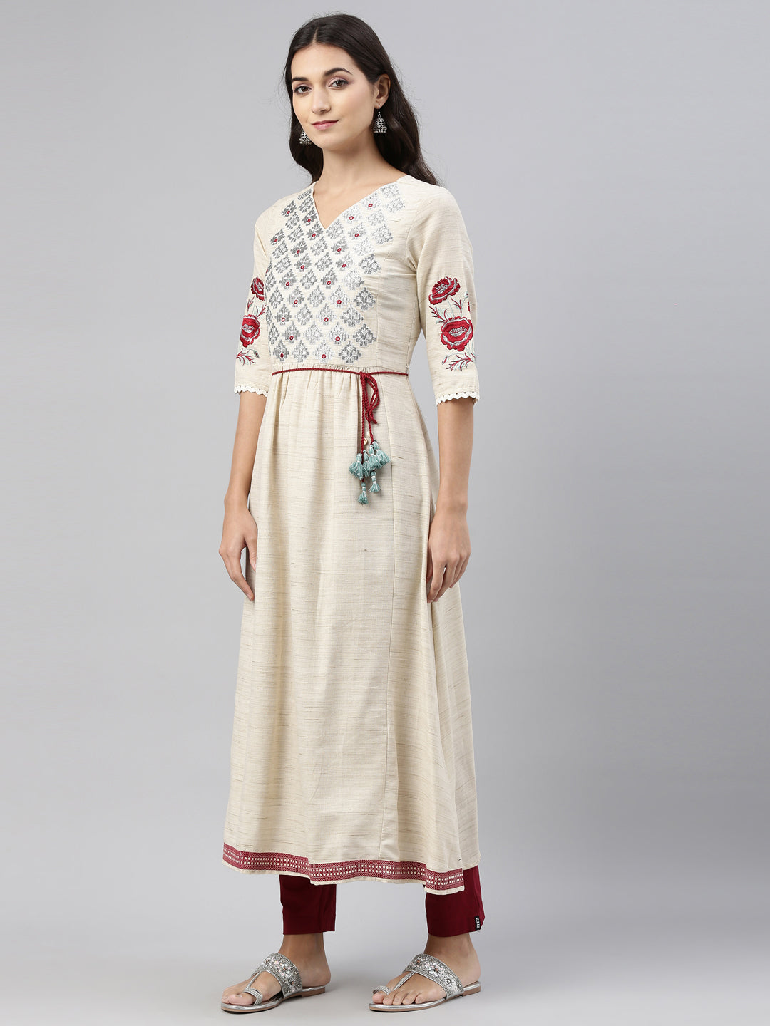Neerus Beige cotton solid kurti - side view