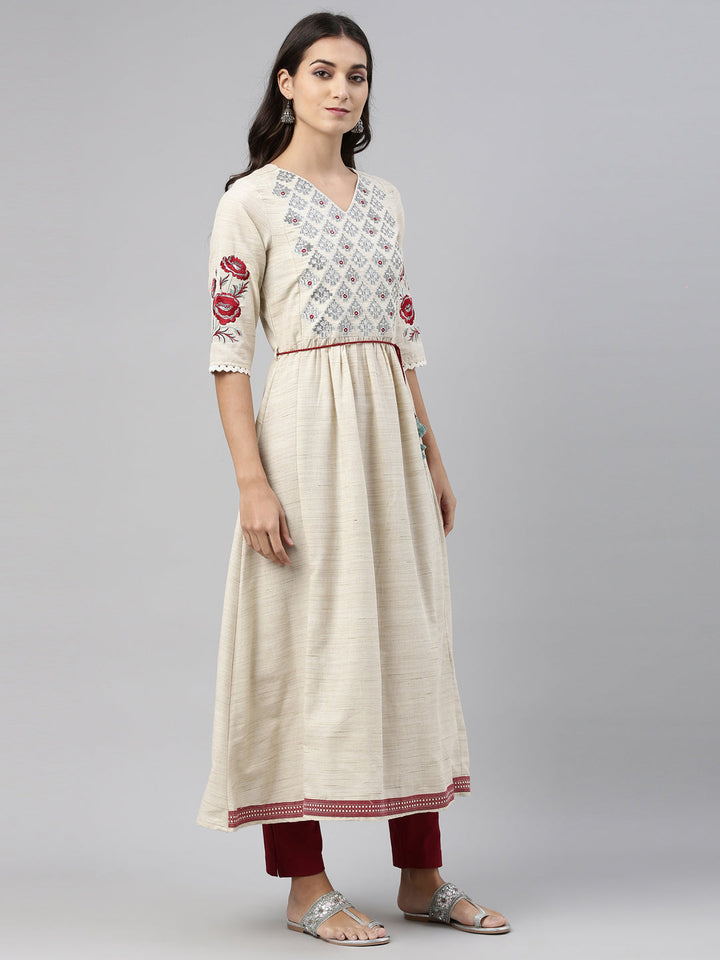 Neerus Beige cotton solid kurti - detail view 1