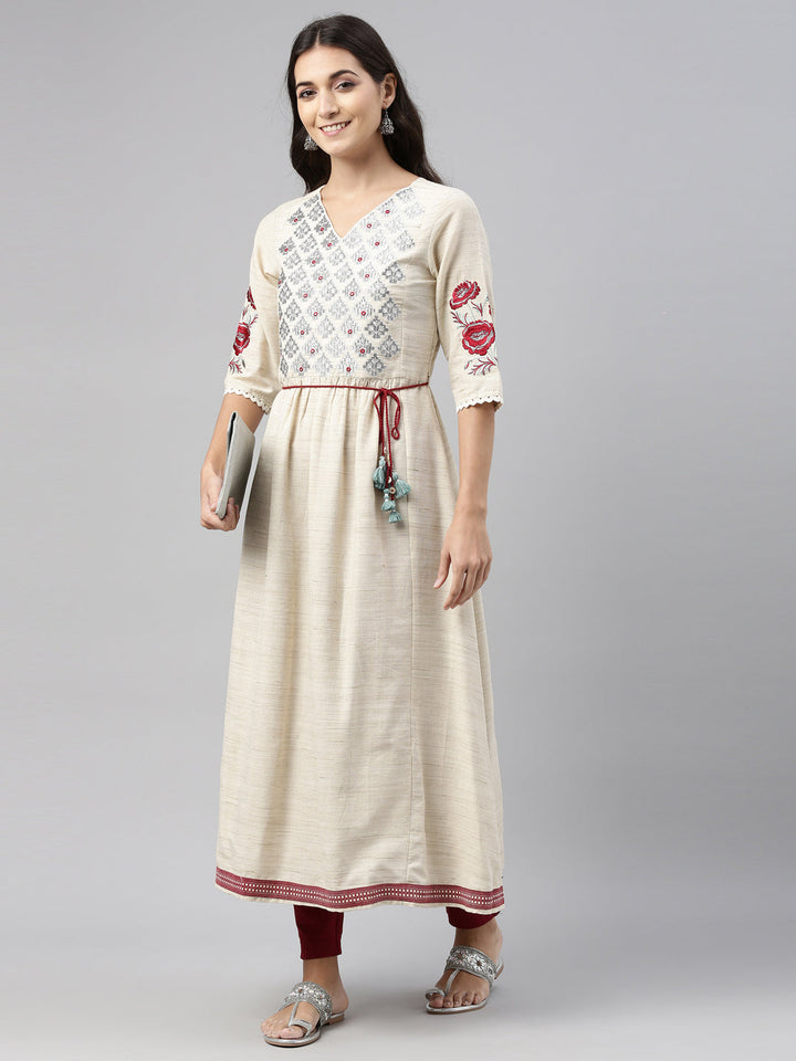 Neerus Beige cotton solid kurti - front view