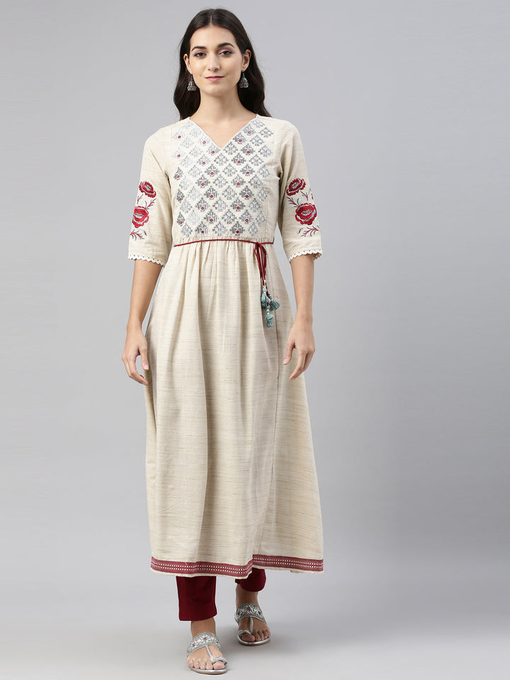 Neerus Beige cotton solid kurti - detail view 4