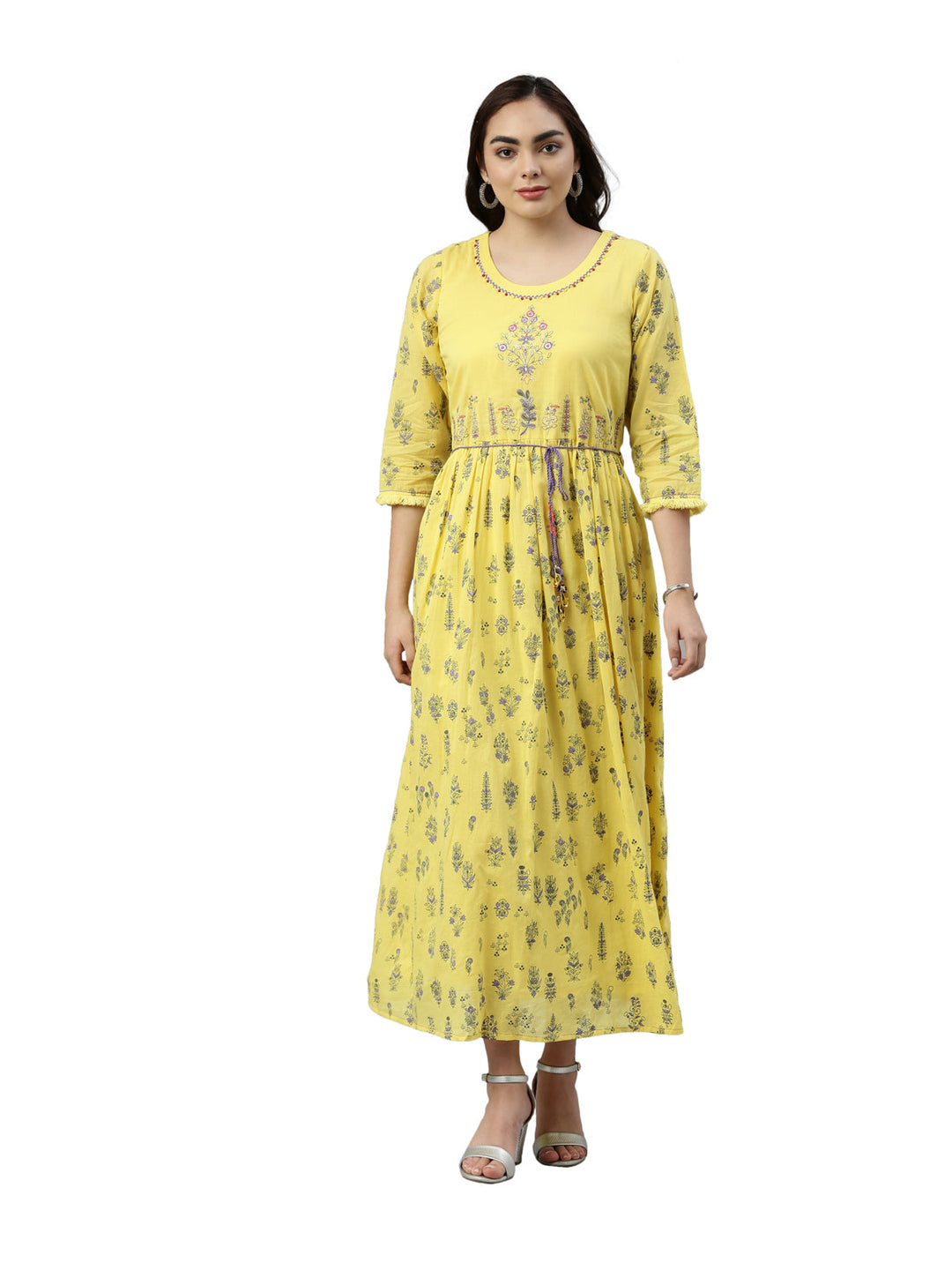 Neerus Yellow cotton embroidered anarkali kurti - back view