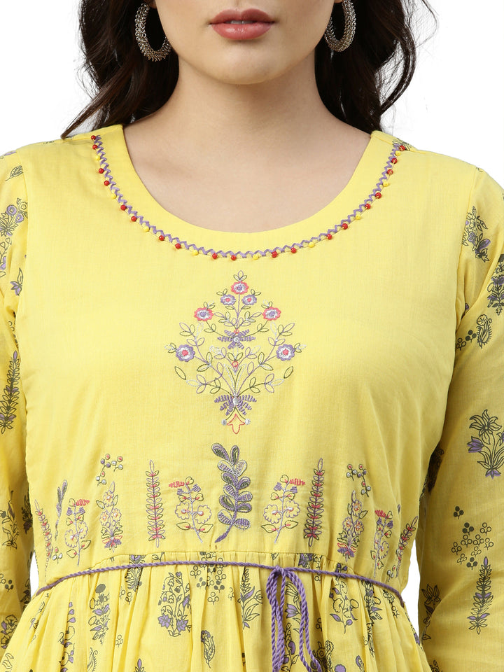 Neerus Yellow cotton embroidered anarkali kurti - detail view 3