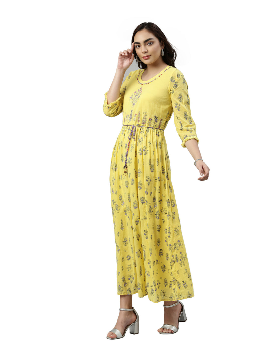 Neerus Yellow cotton embroidered anarkali kurti - side view