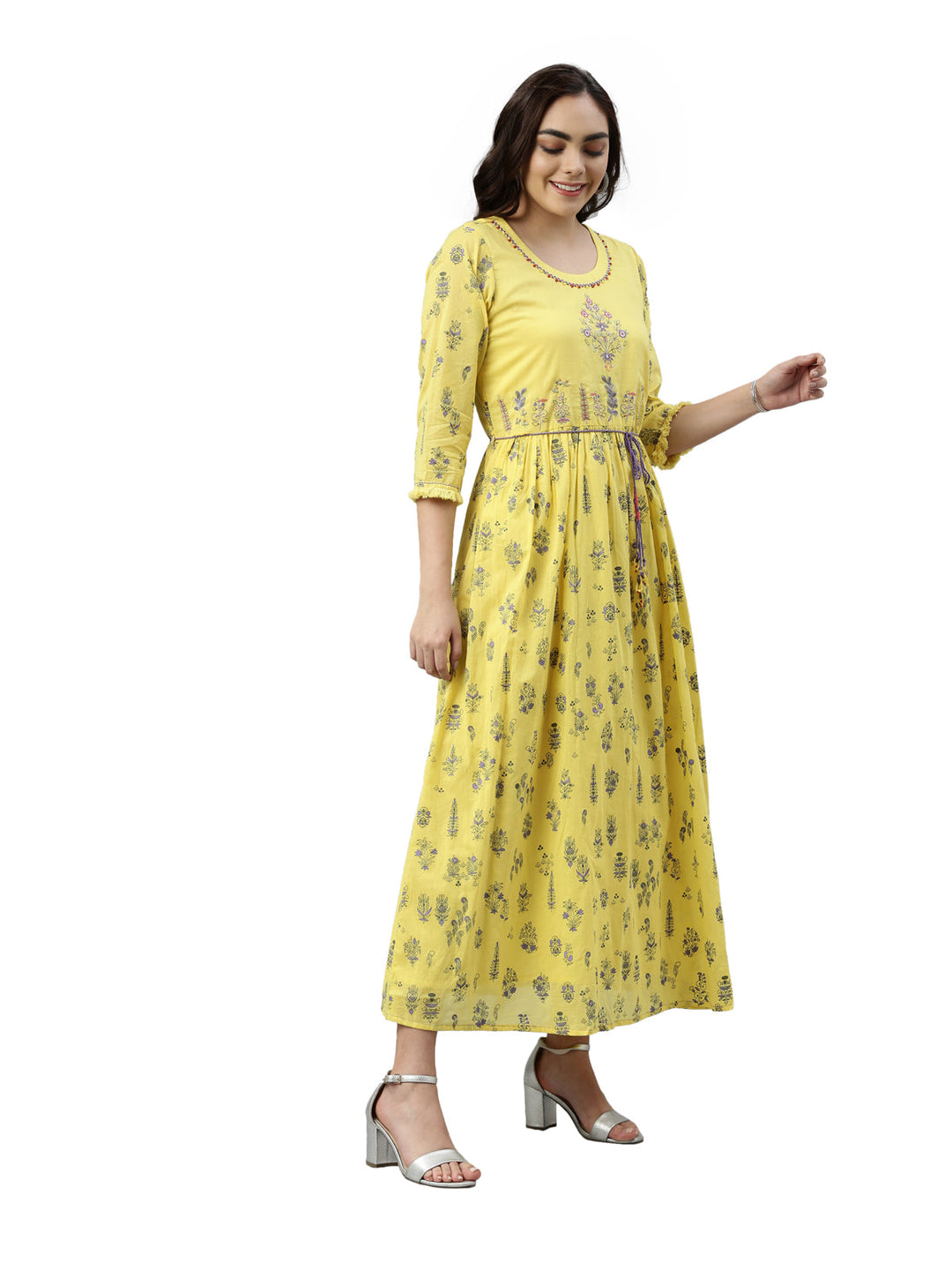 Neerus Yellow cotton embroidered anarkali kurti - detail view 1