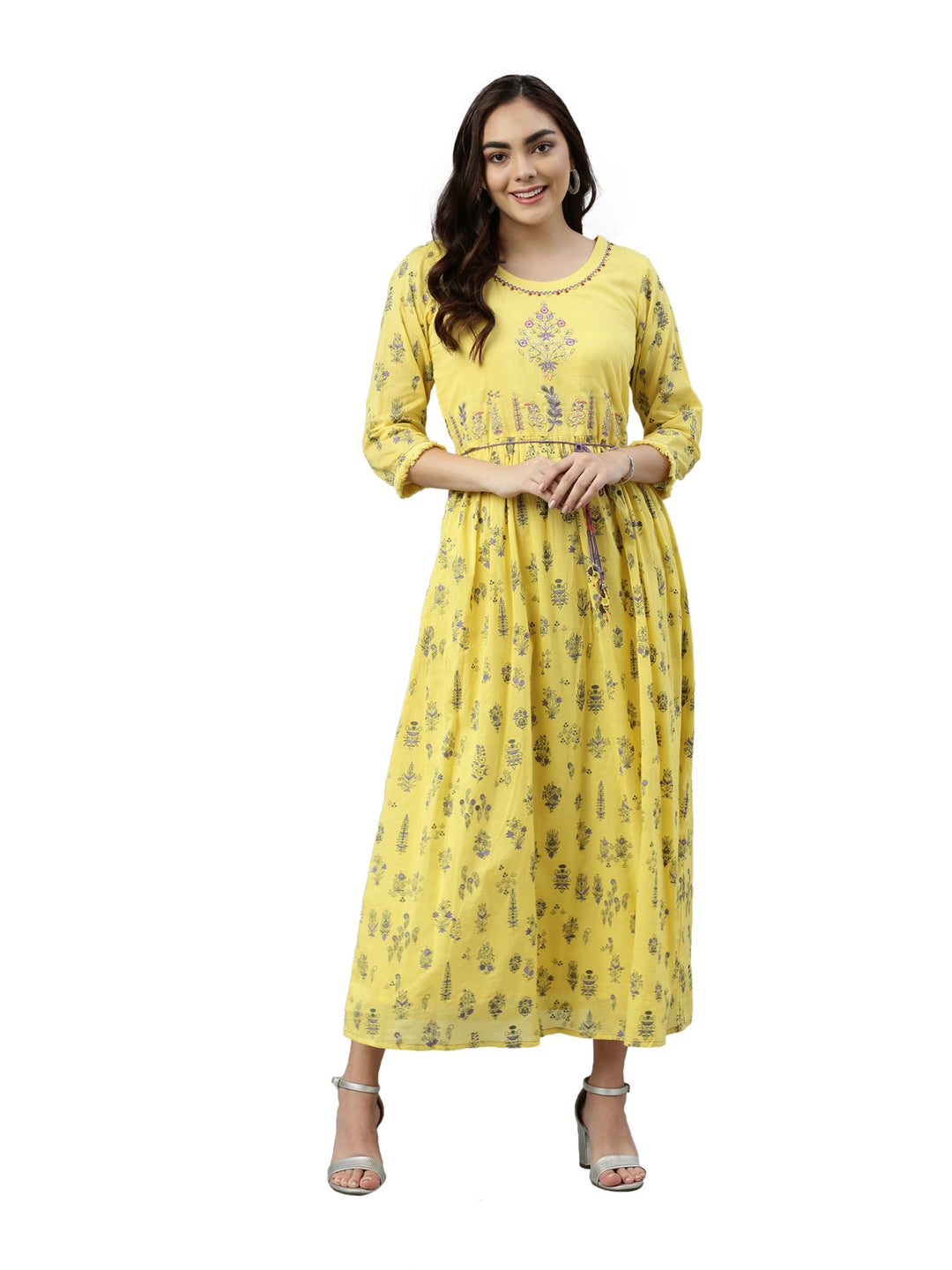 Neerus Yellow cotton embroidered anarkali kurti - front view