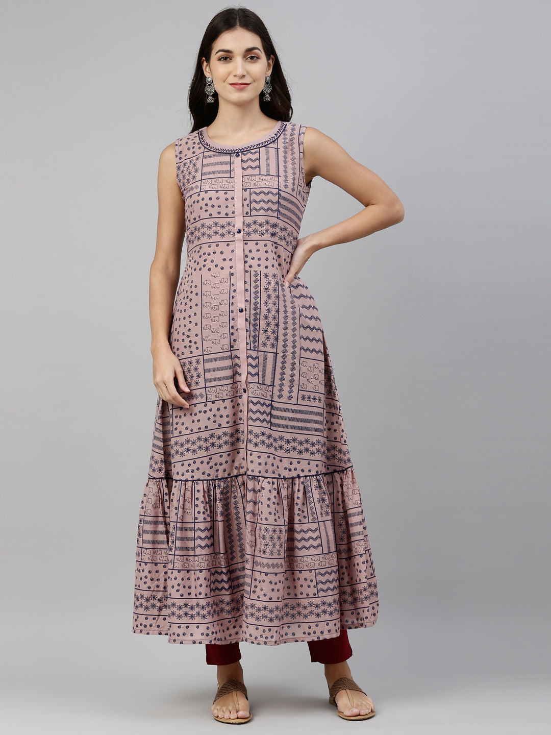 Neerus Pink cotton solid kurti tunic - front view