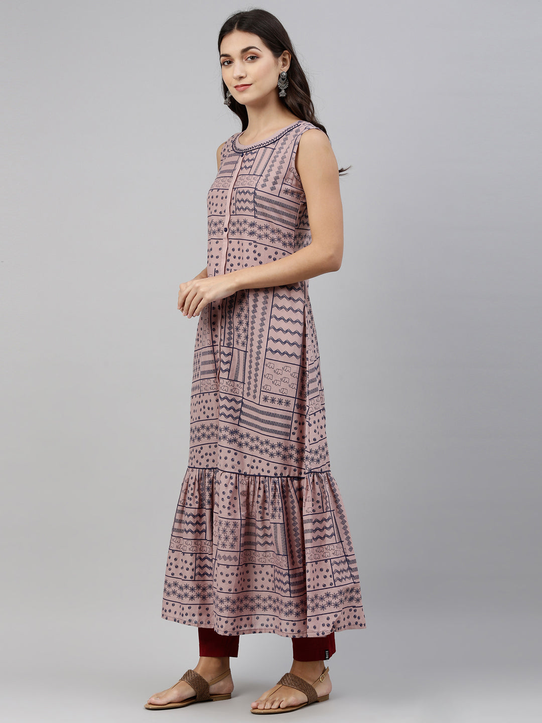 Neerus Pink cotton solid kurti tunic - side view