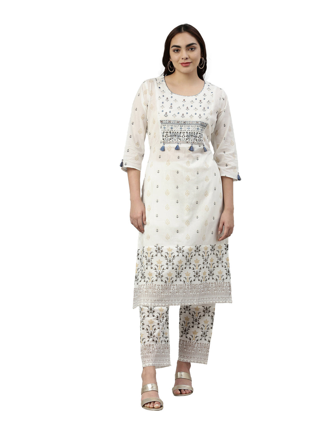 Neerus White cotton printed kurta set - detail view 5