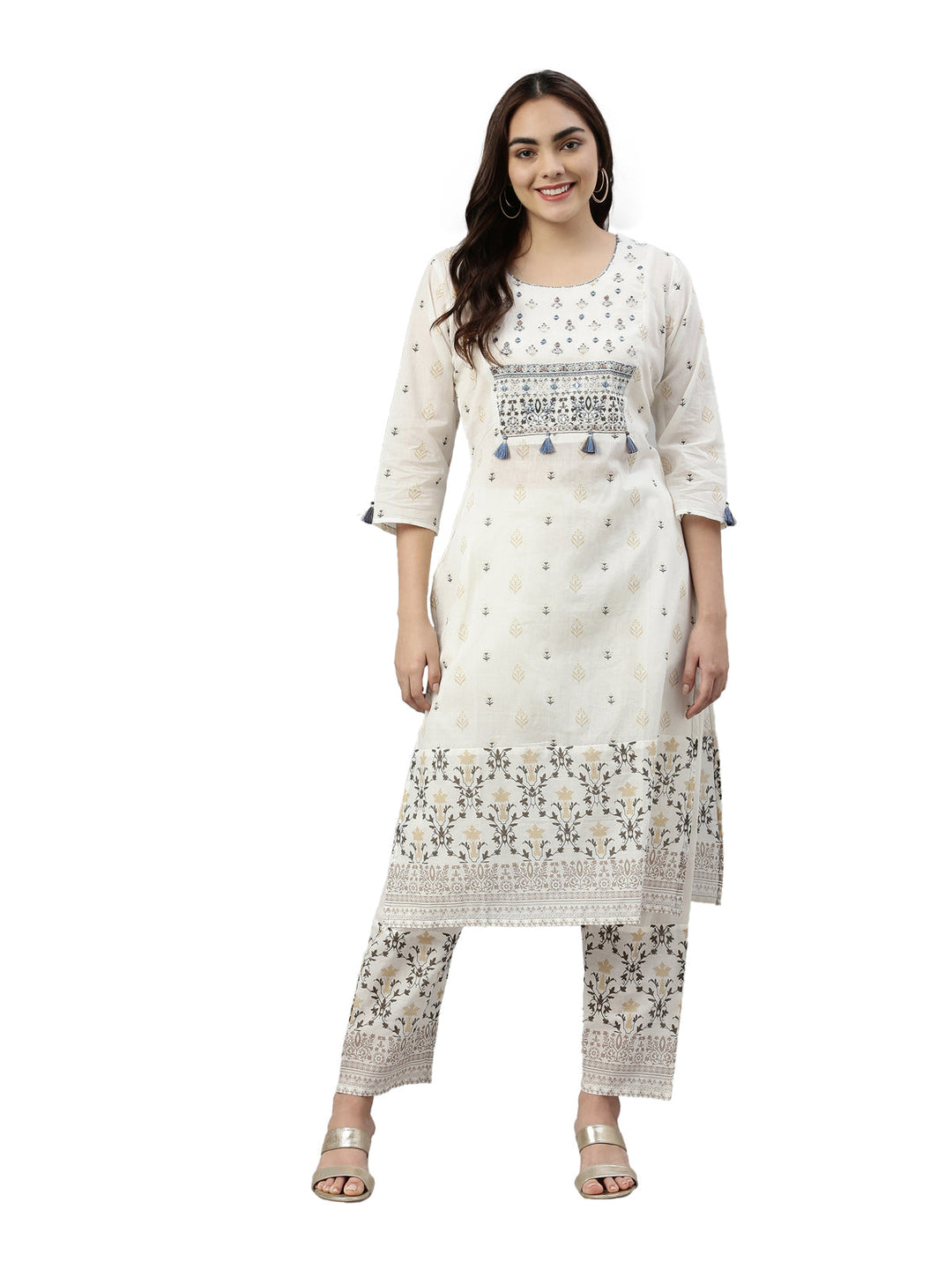 Neerus White cotton printed kurta set - detail view 2