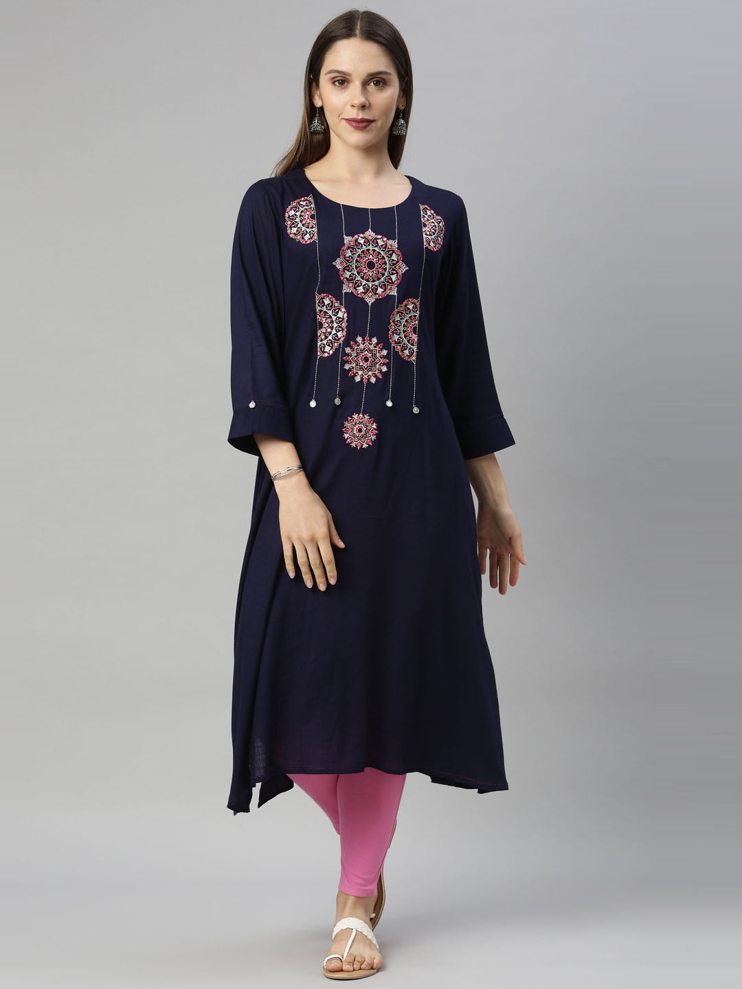 Neerus Blue viscose rayon solid kurti - front view