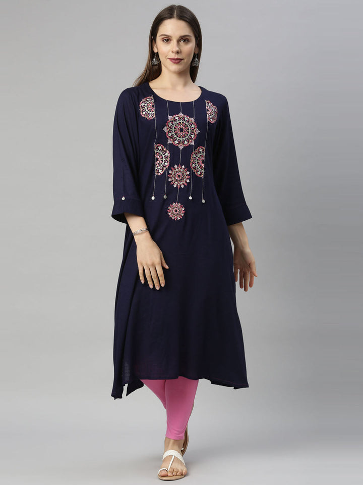 Neerus Blue viscose rayon solid kurti - front view