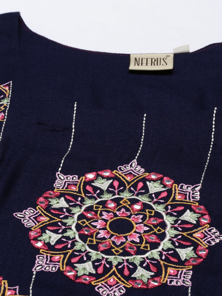 Neerus Blue viscose rayon solid kurti - back view
