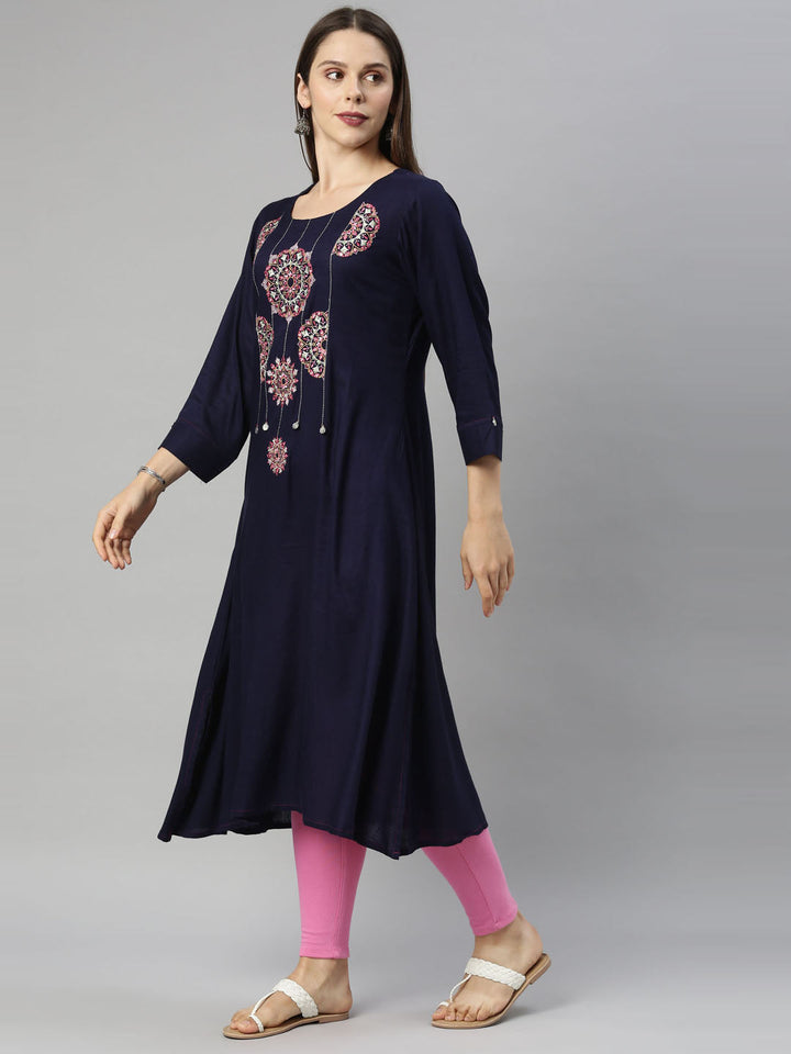 Neerus Blue viscose rayon solid kurti - detail view 1