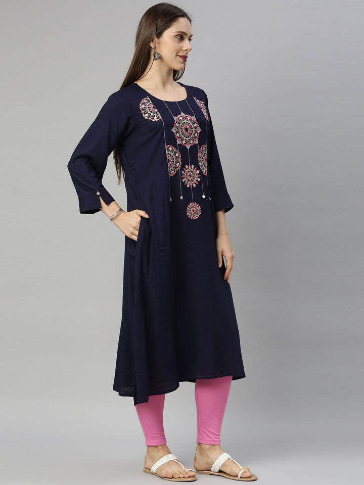 Neerus Blue viscose rayon solid kurti - detail view 2