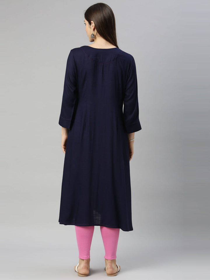 Neerus Blue viscose rayon solid kurti - detail view 3