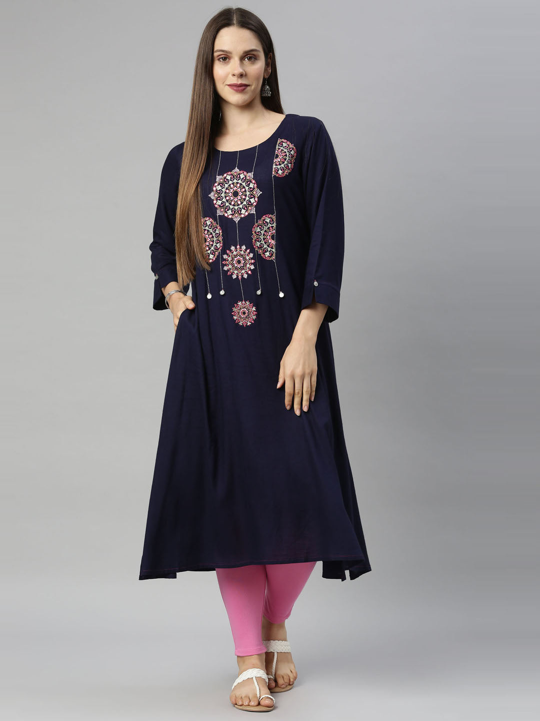Neerus Blue viscose rayon solid kurti - detail view 4