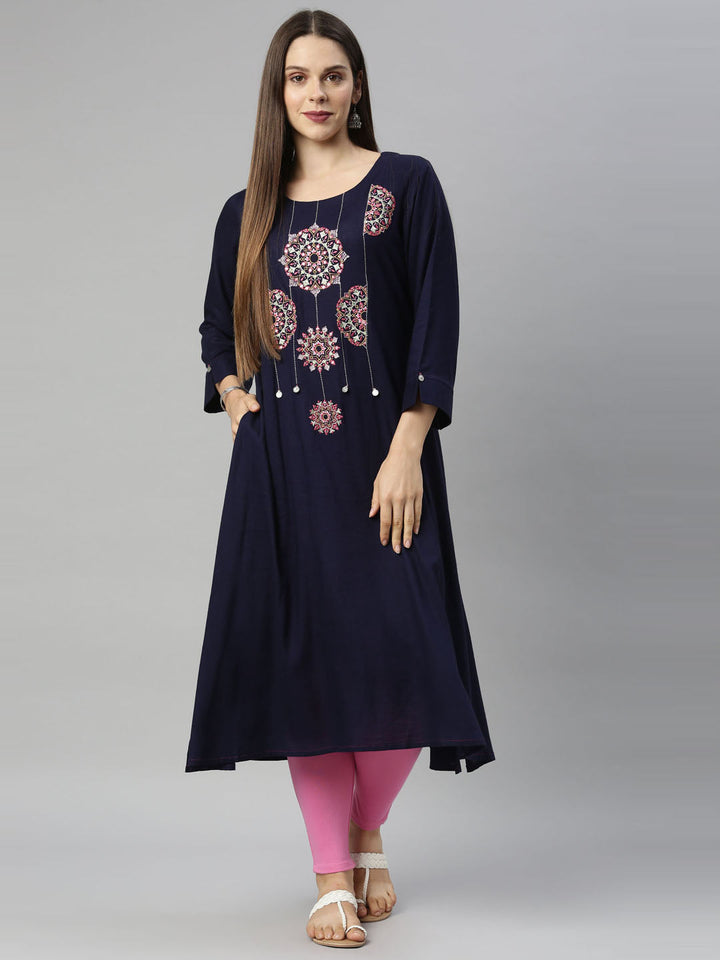 Neerus Blue viscose rayon solid kurti - detail view 4