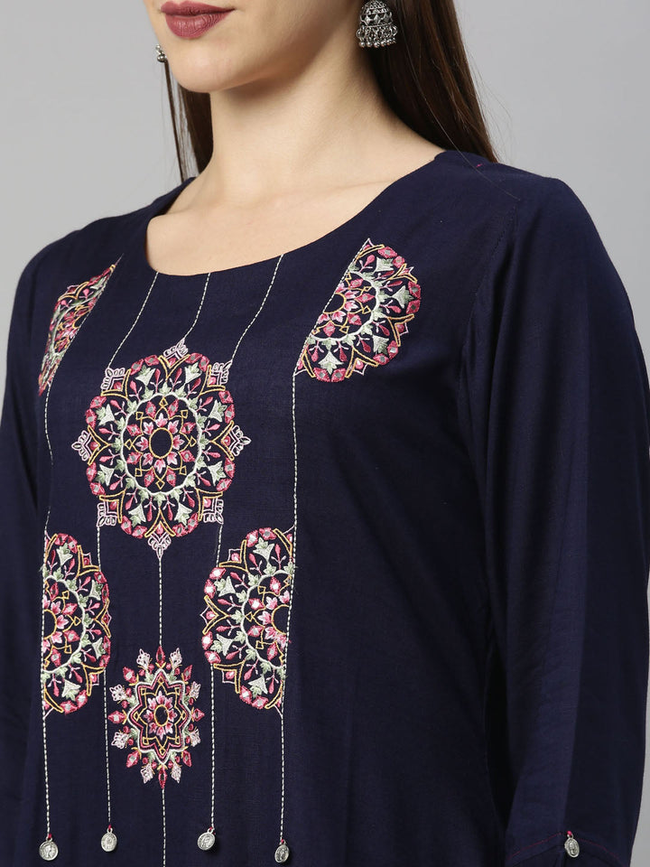Neerus Blue viscose rayon solid kurti - detail view 5