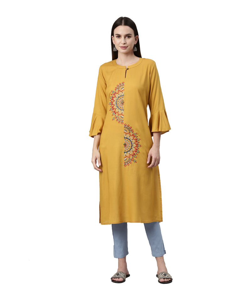 Neerus Yellow Viscose Rayon Thread Embroidered Kurta - front view