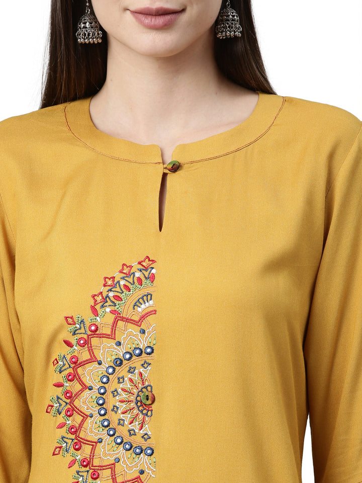 Neerus Yellow Viscose Rayon Thread Embroidered Kurta - back view